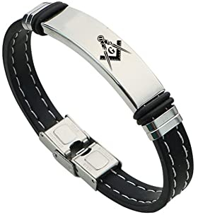 KBNSUIAN Stilvolles Mason Silikon Armband für Männer, Mauerwerk Quadratischer Kompass Freimaurer Armreif, Freimaurer Schmuck for Mann,8.26 Zoll, Silber