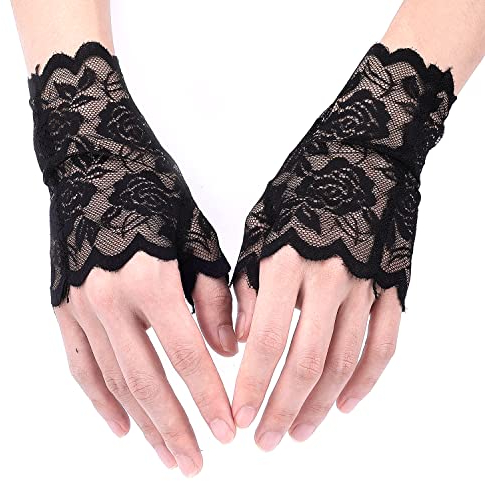 KINBOM Spitzenhandschuhe Fingerlos, Blumenmuster Braut Handschuhe Weiss Spitze für Hochzeit Spitzenhandschuhe Kurz Lace Gloves Fingerless für Damen Teeparty Abschlussball Maskerade, Ein Paar (Schwarz)