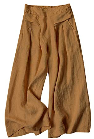 Gihuo Women' s Culottes Linen Blend Wide Leg Pants Elastic Waist Casual Palazzo Trousers with Pockets Capris
