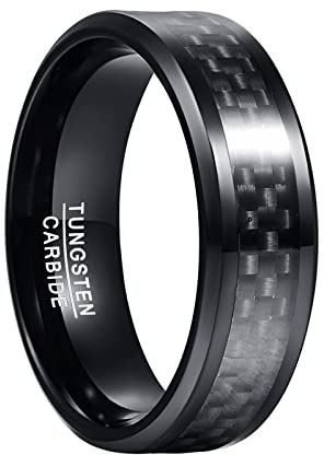 Phyonio Schwarz Wolfram Ringe Herren/Damen 8mm Kohlefaser Ringe mit AbgeschräGter Kante Größe 60(19,1)