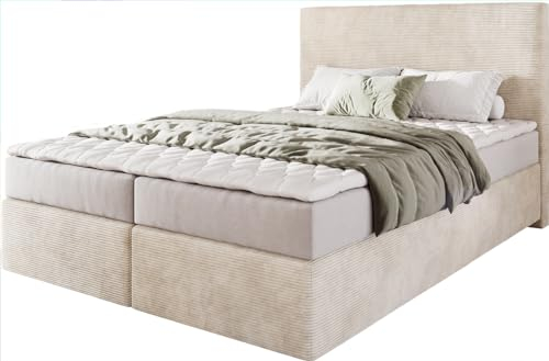DELIFE Boxspringbett Dream-Well Cord Beige 140x200 cm mit Matratze und Topper