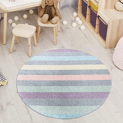 carpet city Teppich Kinderzimmer - Jugendzimmer-Teppich - 120 cm Rund - Multi - Modern Streifen-Muster - Runder Kinderteppich Kurzflor - Moderner Teenager-Teppich