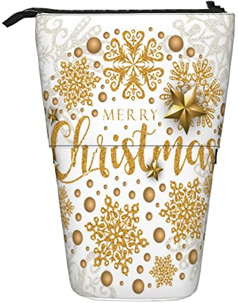 WICRON Teleskop-Federmäppchen, Weiß Golden Merry Christmas Banner Hintergrund Ständer Bleistifthalter mit Reißverschluss Make-up Tasche Bleistiftbeutel Stifttasche