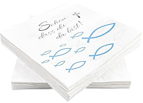 Magrimaxio 40 Servietten Fisch Blau, Papierservietten Weiß 3-lagig, Tischdeko, mit Spruch Schön dass Du da bist, für Konfirmation, Kommunion, Taufe, Geburtstag, Hochzeit und Party, 33x33cm