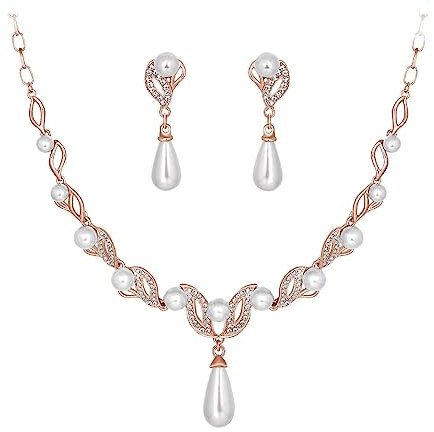 Deyanse Brautschmuck Set, Hochzeit Schmucksets für Damen, Luxus Braut Schmuck Set mit Strass & Künstliche Perle Halskette und Ohrhänger, Allergenfrei Rosegold Hochzeitsschmuck für Braut Brautjungfern