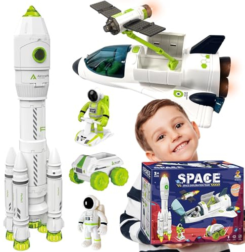 COOLDUCK Space Rocket Shuttle Toy Set, Spacecraft Airplane Toys for Kids with Lights & Sound & Astronaut Figures,Spaceship Toys Gift for Boys 3-5-8