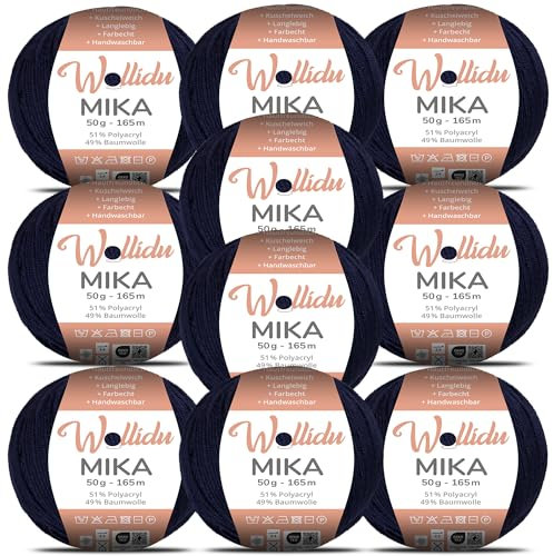 Wollidu Mika 51% Polyacryl 49% Baumwolle zum Häkeln und Stricken 10x 50g/165m Oeko-Tex Strickgarn Häkelgarn - Nachtblau