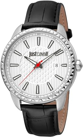 Just Cavalli JC1G176L0115 Analoge Quarzuhr für Herren mit Lederarmband, grau, Modisch