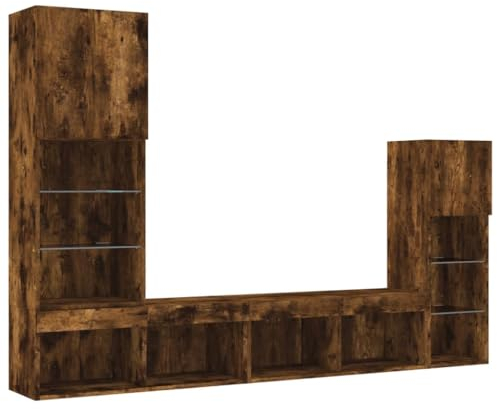 vidaXL Wohnwand 4-TLG., Schrankwand mit viel Stauraum, Anbauwand mit LED-Beleuchtung, Wandmontage Fernsehschrank Wohnzimmer Set Schrank, Räuchereiche Holzwerkstoff