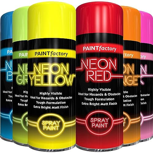 AlezyB 6 Mix Cans Fluorescent Neon Spray Paint Multipurpose Aerosol DIY Graffiti (Banksey) N0 CFCs Extra Bright Assorted Colours Paint Blue Green Orange Pink Yellow Red 200ml - A4