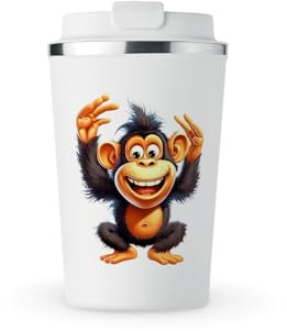 MAXIKIWI - Insulated Double Walled, Leakproof Stainless Steel Mug, Coffee or Tea Travel Tumbler with Lid, Keep Drinks Hot and Cold - Funny Monkey - 350ml