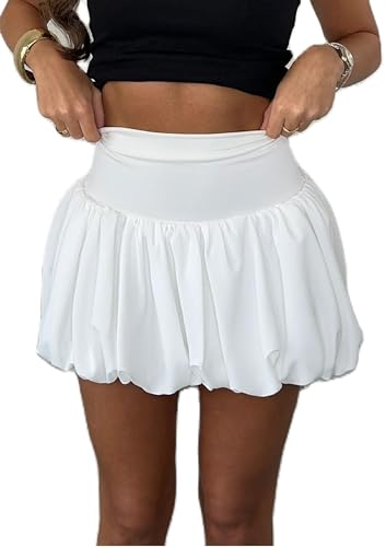 Women Y2k Bubble Skirt High Elastic Waist Ruffle Flared Mini Skirts A Line Pleated Balloon Short Skirts Cute (A3468 White, S)