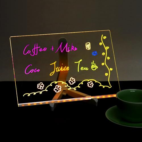 QWORK® LED-Beleuchtung Acryl Notiztafel 20x30cm mit Verstellbarer Halter und 7 Stifte, Abwischbar Acryltafel Ideal für Nachrichten, Memos und als Kreatives Geschenk