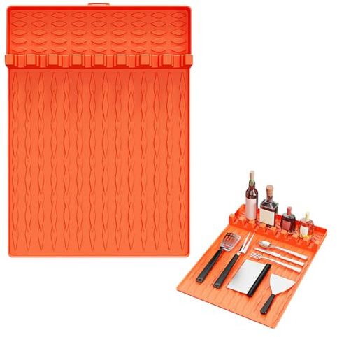 DIYBravo Silicone Griddle Tools Mat for Blackstone Side Shelf Mat Grill BBQ Caddy Utensils Holder Spatula Mat with Drip Pad Blackstone Griddle Accessories for Cooking Grilling Kitchen (Orange)