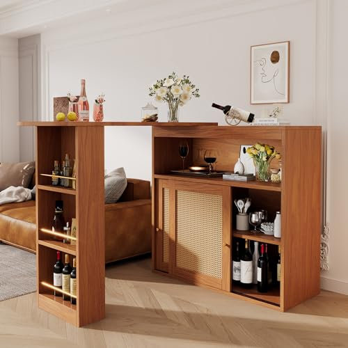 Dolamaní Ausziehbarer Bartisch (138-193 cm) mit Stauraum, Moderner Esstisch, Bartisch, Stehtisch, mit Schiebetür aus Rattan,verstellbare Ablagen (Brown)