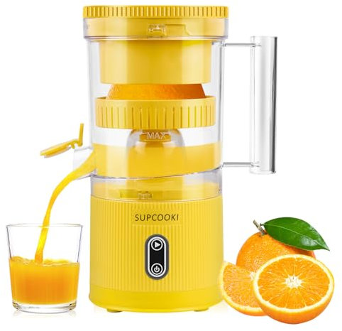 Electric Citrus Juicer, Rechargeable Juicer Machine with USB Cable and Cleaning Brush, Touch Button, Automatic Orange Lime Lemon Grapefruit Squeezer, Easy to Clean Portable Juicer, Yellow