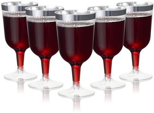 MATANA 48 Premium Elegante Plastik Weingläser mit Silberrand, 180ml - Mehrweg Cocktailgläser, Gold Weingläser aus Kunststoff, Weinbecher für Hochzeiten, Geburtstage & Partys