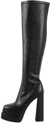 VERISSON Plateau Stiefel Blockabsatz Langschaft Kniehohe High Heels Boots Eckige Zehen