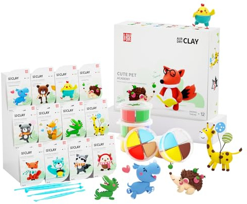 LOUFOR Modelliermasse Lufttrocknend - Lufttrocknender Ton Set, Ultraleichter & Soft, Sicher & Ungiftig, 12 Kisten DIY Magische Knete mit Werkzeugen, Kreative Basteln Spielzeug Geschenke für Kinder