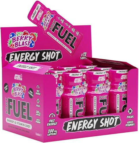 Applied Nutrition BodyFuel Energy Shot - Body Fuel Prime Energy Shot, Physical Performance with B-Vitamins, Taurine, Caffeine, Sugar Free, Zero Calories (Box 12 Units x 60ml) (Berry Blast)