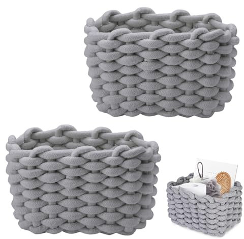JAONLD 2 Pièces Panier Rangement Bébé Panier de Rangement en Corde de Coton Petit Panier Tressé Carré Paniers de Rangement à Langer Convient pour Chambre de Bébé, Chambre, Salon (Gris)