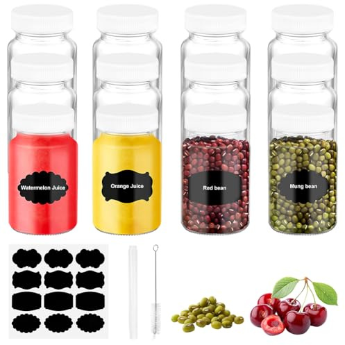 AUAUY 12 Stück 60ml Glas Saft Flaschen, mit Deckel Etiketten, Auslaufsicher | Ingwer Shot Flaschen zum Befüllen, Wiederverwendbares Kleines Klares Glas, für Saft, Wellness, Shot Gewürze, Probe, Reise