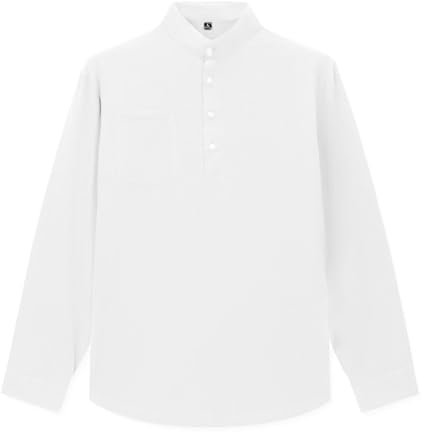 LBL Men's Shirts Casual Long Sleeve Cotton Linen Shirts Grandad Collar Henley Shirt Regular Fit Beach Shirt with Pocket BS042 White L