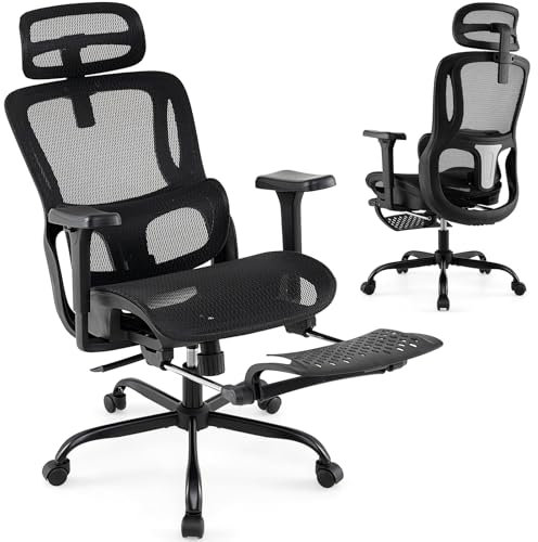COSTWAY Silla Oficina Ergonomica, Respaldo Giratorio, Soporte Lumbar Ajustable, Silla Gaming, Reposabrazos 3D, Reposapiés Retráctil y Respaldo Reclinado, Office Chair Ruedas