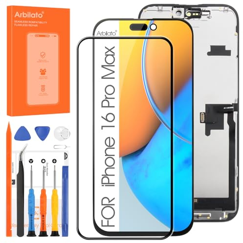 Arbilato LCD Écran pour iPhone 16 Pro Max | A3296, A3084, A3295, A3297 Écran Tactile Digitizer Assemblée Complète avec Outils (Incell,Noir sans Cadre)