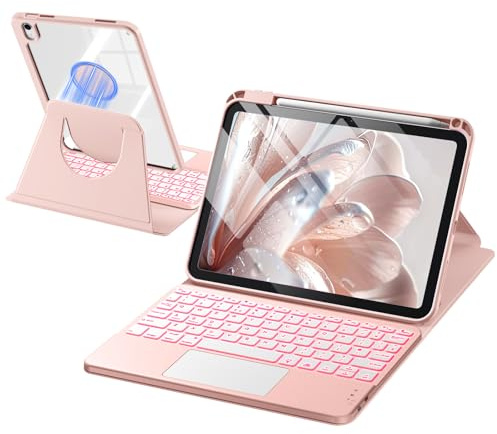 drivego 360° Rotation Case with Keyboard for iPad A16 11th/10th, RosePink | 7 Color Backlit Wireless Trackpad Magnetic Detachable Keyboard, Cover for iPad 11 Generation 11 2025/10th Gen 10.9 inch 2022