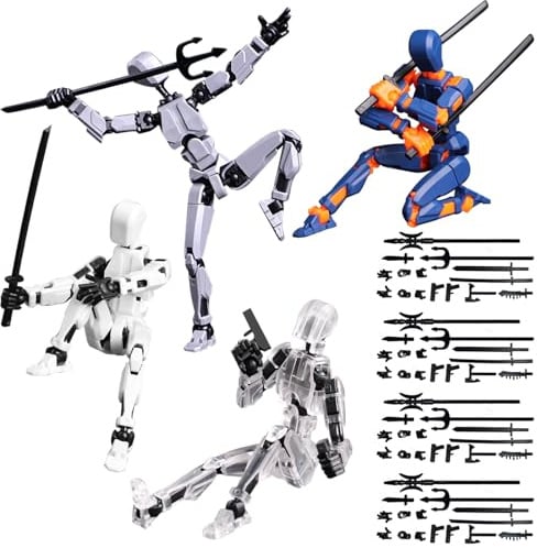 HTTDSLF 4 Stück T13 Action Figure Satz (Montage abgeschlossen), mit 9 Waffen und 3 Handtypen, 3D-Gedruckter Mehrgelenke, 3D Druck Actionfiguren mit Mehreren Gelenken