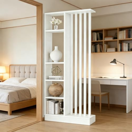 Wandraum Teiler mit Lagerregal, Eingangshalle -Trennwesensäule Säulen- bis Decke, aus massivem Holz, leicht zu montieren, geeignet für die Heim- oder Bürodekoration geeignet (A White + White, 80cm)