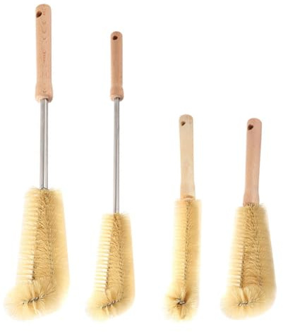 STAHAD Brosse à Biberon 4 Pièces à Long Manche en Bois Naturel, Brosse de Nettoyage Polyvalente pour Bouteilles, Goupillon Fin pour Biberons, Tasses Isothermes et Gourdes, Outil