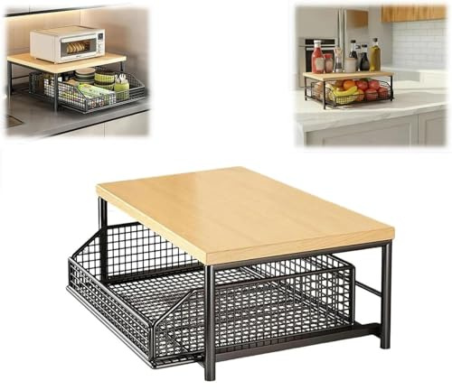 Étagère Micro-Ondes Cuisine Rangement, Support Micro Onde avec Tiroir Coulissant et Panier, pour Comptoir de Cuisine, Coin Café et Petits Espaces, Design Compact Gain de Place, Bois et Métal (Noir)