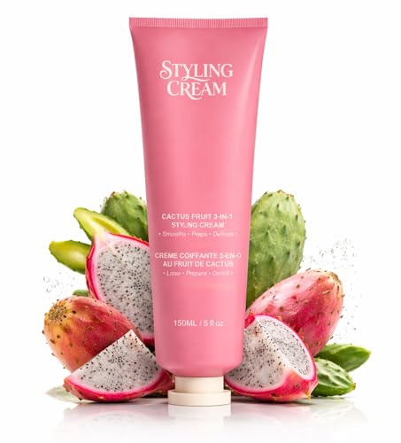 Hair Styling Cream, Anti Frizz Hair Cream for Curly and Wavy Hair, Air Dry Cream for Smooth Finish, Cactus Fruit 3-In-1 Styling Cream, Flyaway Tamer for Sleek Back Styles and Frizz Control, 150ml