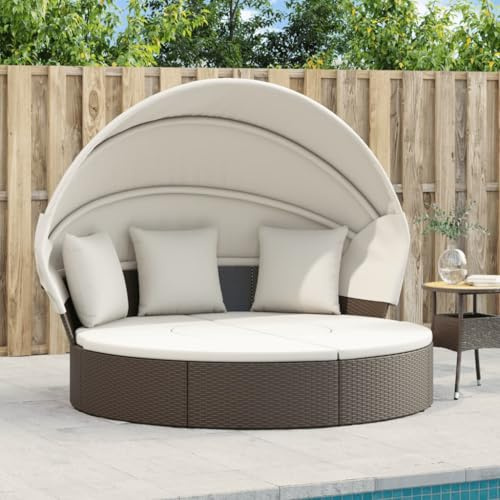 Sonneninsel mit Dach und Kissen, braunes Poly Rattan Gartentagesbett mit wetterfestem Polyrattan, Lounge Liegeinsel für Terrasse Balkon Pool mit Relaxfunktion und Sonnenschutz Faltdach