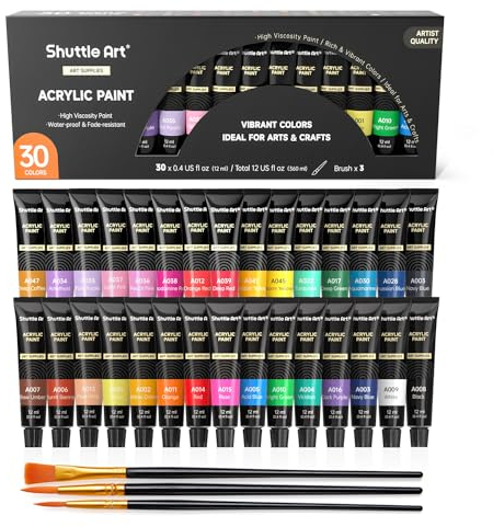 Shuttle Art Acrylfarben Set, 30 Acrylfarben wasserfest (je 12 ml) mit 3 Pinselset, perfekte Acrylfarben Set Kinder, Farben für Holz, Leinwand, Tontöpfen, Stein und Kunststoff, Acryl Farben Set