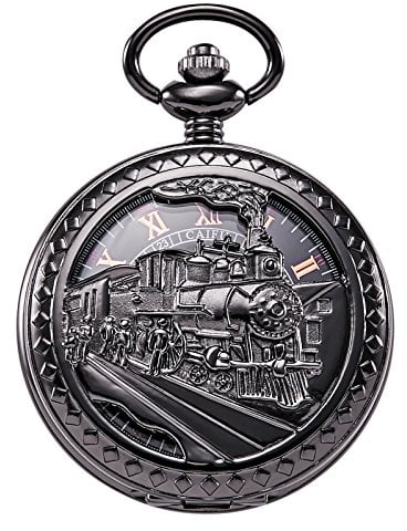 TREEWETO Taschenuhr mit Kette Herren Analog Handaufzug Dampflokomotive Römische Ziffern Schwarz