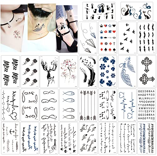 Konsait 30 Blätter Temporäre Tattoos für Frauen Männer, Wasserdicht Temporär Tätowierung Schwarz Tattoo Körperkunst Kleine Tattoo Aufkleber Fake Tattoos Klebetattoos Erwachsene