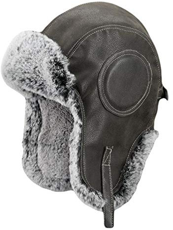 Ommda Wintermütze Fliegermütze Fellmütze Kunstfell PU Leder mit Ohrenklappen Russisch Hut für Herren Damen Erwachsene,Schwarz,L Kopfumfang: 59-61 cm