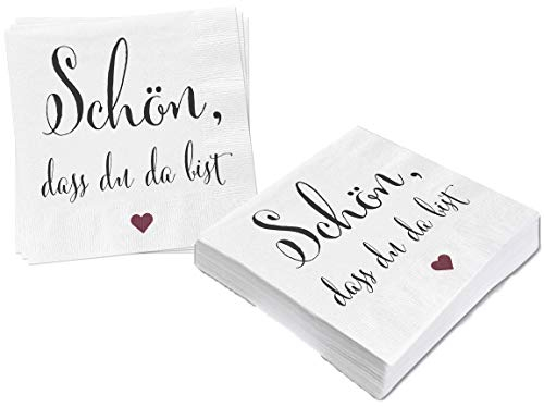 Bada Bing 2er Set Mit 40 Stück Servietten Spruch Rotes Herz Weiß Edel Papierservietten Schön, dass du da bist Für Eine Stilvolle Tischdekoration 88