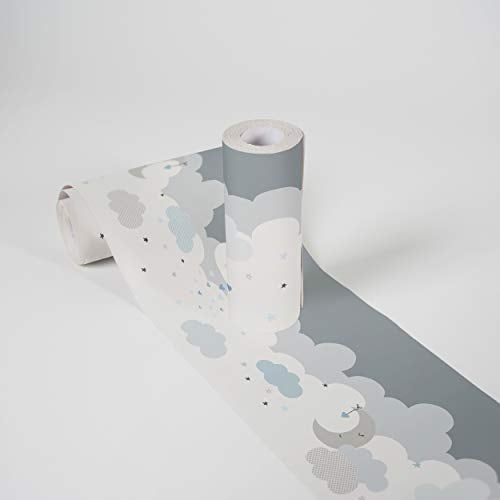 Lovely Kids A.S. Création selbstklebende Bordüre mit Wolkenmotiv – 0,155 x 5,00 m – Grau, Blau, Weiß – moderne Kinderzimmer Borte Made in Germany – 403744