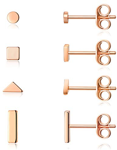 Damen Ohrringe Silber 925, 4 Paar Klein Ohrstecker Set für Damen Herren, Kreis Quadrat Dreieck Stab Ohrringe Gold Silber 925 Set Schmuck Geschenk (Rosegold)