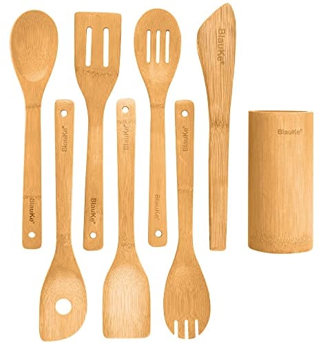 Küchenhelfer Set aus Holz 8-teilig - Küchenutensilien Pfannenwender Set Holz - Kochlöffel Kochgeschirr mit Spatel, Schaumlöffel, Zange, Wender, Küchenutensilienhalter - Bambus Kochutensilien - BlauKe®
