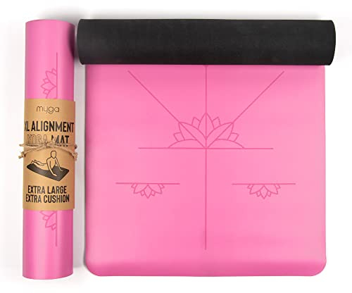 Myga Extra Large Yoga Mat with Alignment Lines – 6mm Thick Non-Slip Yoga Mat for Pilates & Fitness – Eco-Friendly, Durable & Sweat-Resistant for Home & Gym – 195x68cm, Pink
