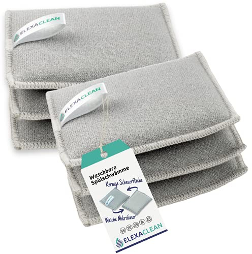 ELEXACLEAN Spülschwamm Mikrofaser waschbar, 6er Set, 12x10 cm, Hellgrau | Küchenschwamm mit rauer Scheuerseite, wiederverwendbarer Topfreiniger zum Wenden, für Küche, Bad, Auto, 60 °C waschbar