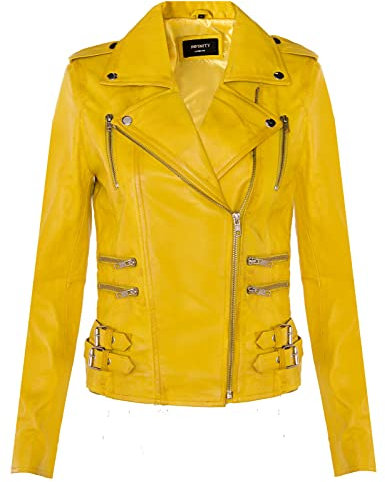 Ladies Retro Yellow 100% Nappa Leather Biker Jacket XS