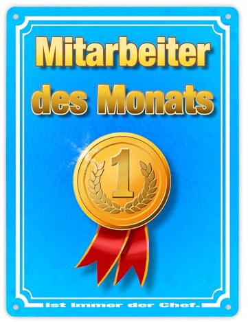 Metallschild XL in 21x28 cm Mitarbeiter des Monats - ist immer der Chef mit Medaille als Auszeichnung für Mitarbeiter oder Geschenk für Kollegen Trophäe für besondere Leistung bei