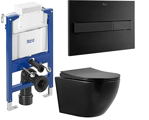 Anas Roca 0.82m Concealed Cistern Wc Frame with Black Rimless Wall Hung Toilet Pan