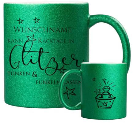 ORWONet personalisierte Glitzertasse mit Namen | 330 ml Glitzer-Keramik-Tasse mit Spruch & Wunschnamen | Made in Germany | hochwertige Keramik (Grün, Kacktage funkeln)